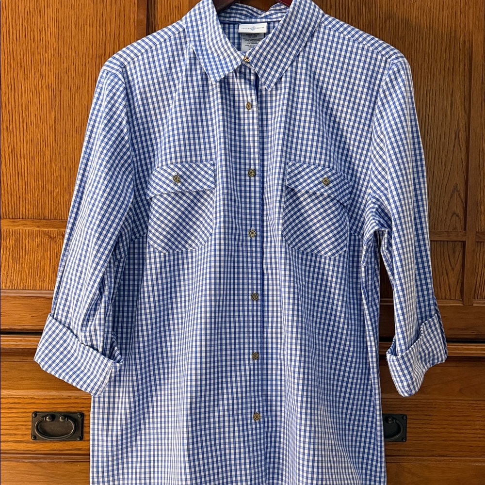 Jaclyn Smith Gingham Checkered Button Down Shirt Rolltab Sleeve Stretch Summer